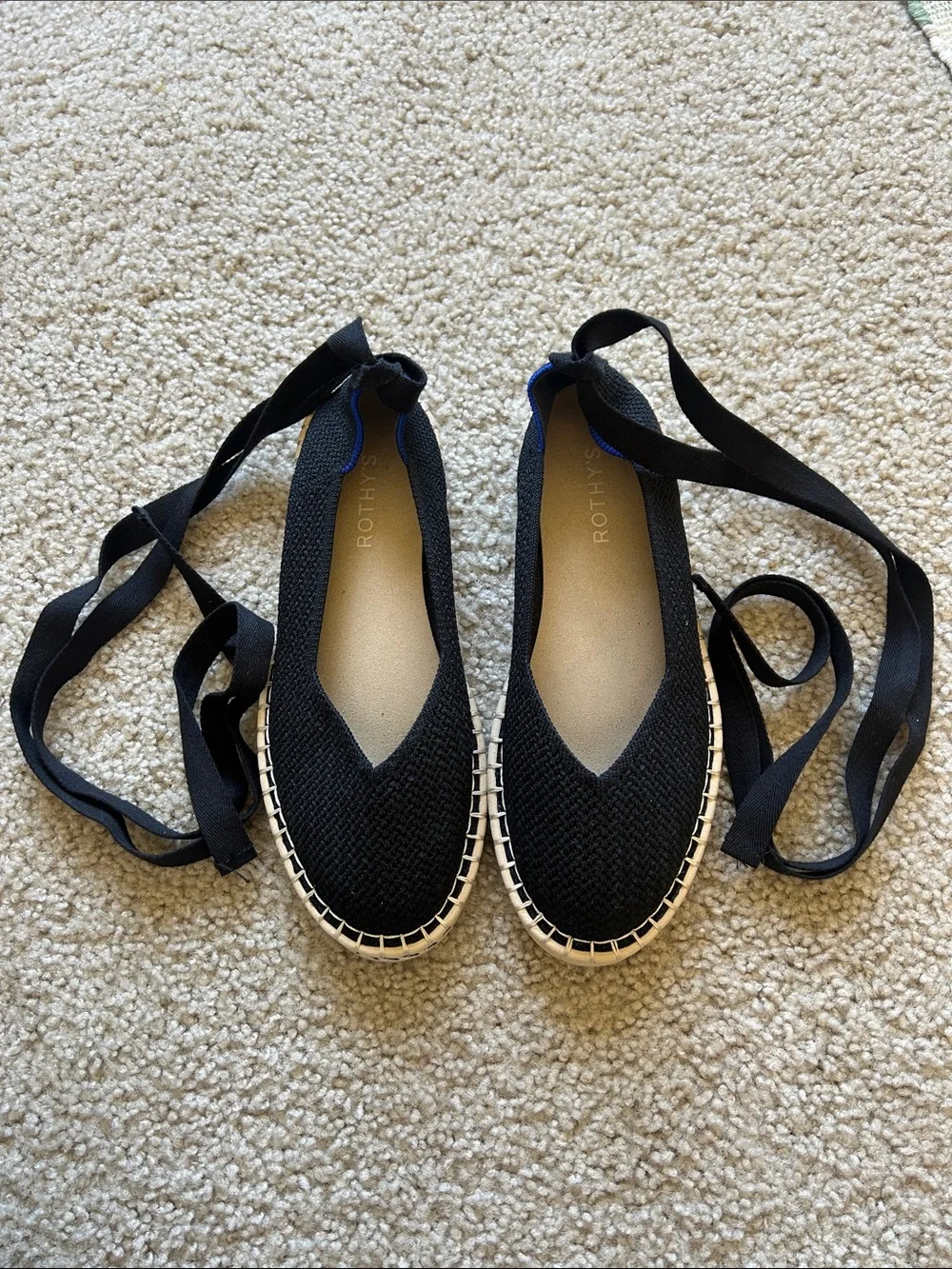 Rothy's Black Knit Espadrille Ballet Flats with Ankle Ties - Picture 1 of 5